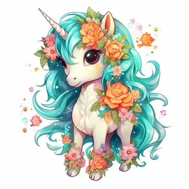 a unicorn made from cute floral flowers clipart, in the style of kawaii aesthetic, watercolor, junglecore, charming anime characters, white and cyan