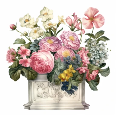 very beautiful Box Flower Planter, white background, clipart with pastel color, detailed and lovely Renaissance painting