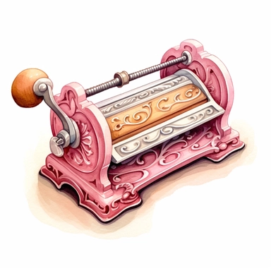 A pink Victorian-style pastry cutter, slicing through blush-toned dough on a rosewood surface, Clipart, watercolor, white background, intricate detail