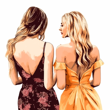 clipart of adult best friends, friends forever, party girls, back facing, glam fashion, closeup