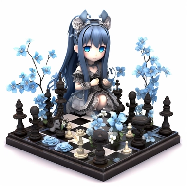 cute little dark magent + blue chess surrounded by flowers Beautiful Gothic Fantasy, 3d objects, clipart, white background, kawaii