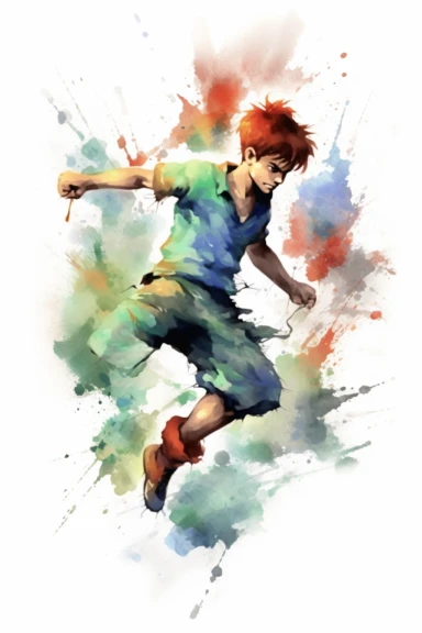 Clipart style, full-body figure of Peter Pan fighting, disney cartoon characters, low detailed, aquarel painting style, volume and bright colors, white background