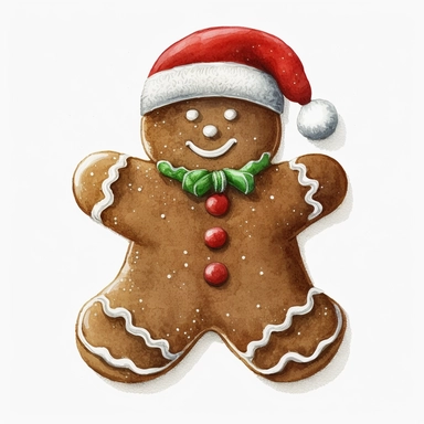 clipart, solid watercolor, realistic, detailed, isolated white background. Gingerbread Man with christmas hat Clipart on white background