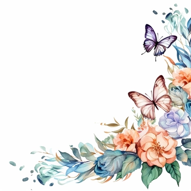 soft watercolor floral border with butterflies and leaves bottom right corner clip art white background