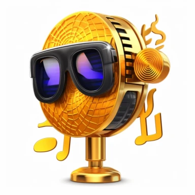 A music note wearing sunglasses or a unique-looking microphone with a crypto logo, clip art style