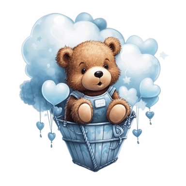 cute brown Baby teddybear smling while laying in a white cloud with a blue bib on with a white heart in it wearing blue and white balloons, clipart, black background
