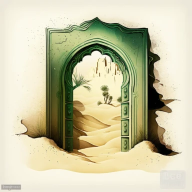 Clipart of Magic Green Glowing Door in the Middle of the Desert in Gothic Ancient Fantasy Style, Dark Beige Sand, Beige-Golden-Green Watercolours, Cinematic Shot in Dune Movie Style, White Background In this image, we see a stunning clipart of a Magic Green Glowing Door in the Middle of the Desert in Gothic Ancient Fantasy Style. The door is shining bright and glows with a magic green light, illuminating the dark beige sand around it. The beige-golden-green watercolours add to the dreamy and sur