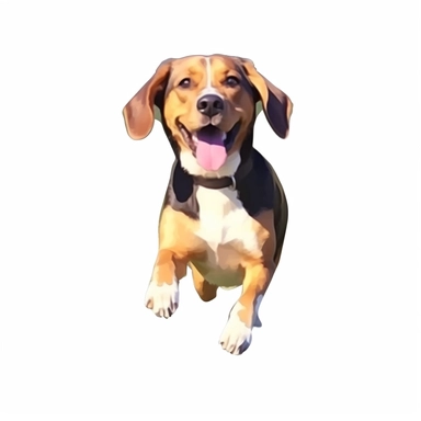 Character of a cute, slightly overweight, old golden beagle dog. jumping, running, full body, tail wagging, different facial expressions, activities. happy, warm, children's book illustration watercolor style, clipart, realistic, isolated on white background, 4K