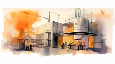 in the style of mobeius, clipart, water color, a delapitated sci-fi laboratory, with orange vibrant colors, warning signals, smoke, and dense fog, shadows