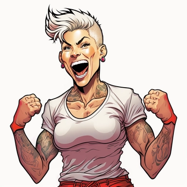 Queer white very muscular power girl smiling soccer champion,short hair and lipstick portrait cartoon character ,tattoos,white cut out background clipart,Ernie Barnes rendering,2D,,--no shadows