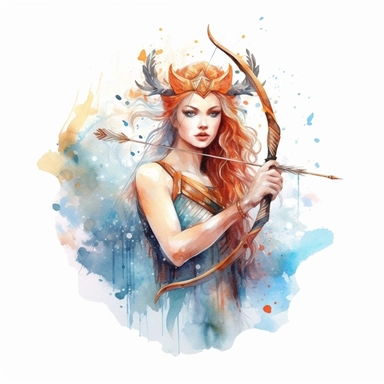 sagittarius zodiac sign, goddess portrait, holding arrow, realistic watercolor style art, clipart, zodiac sign, epic, mystic, white background, high detailed, 8k