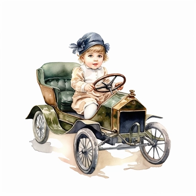Watercolor Victorian baby girl in driving a green ford t car from the era clipart , on a white background, Illustration clipart, 4K, extremely detailed