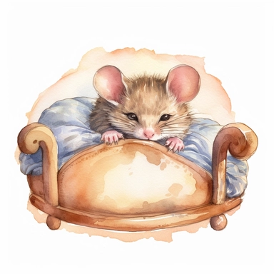 a cute Sleeping baby mouse on a cute bed, highly detailed, watercolor, clipart