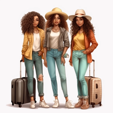 full body clip art+3 friend black Nubian woman+ long wavy hair+ kawaii+ standing next to suit case+ multiple traveling bags+ legs crossed at ankles+ high heels+skinny jeans and nice shirt+big hat+vacation vibes+detailed+ niji 5+ uhd+ png clipart+ airport