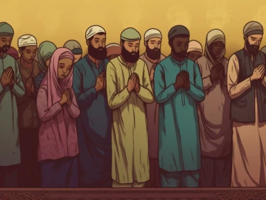 A reverent clipart depicting a group of worshippers engaged in prayer during Eid Mubarak. The scene showcases the spiritual connection, devotion, and unity as individuals come together to seek blessings and express gratitude during this sacred time of celebration.