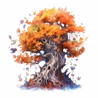 ighly detailed watercolour clipart, haunted tree, spooky, halloween, autumn, leaves, fantasy, highly detailed, fantasy cartoon illustration, whimsical, UHD, 8K, 3D, solid white background