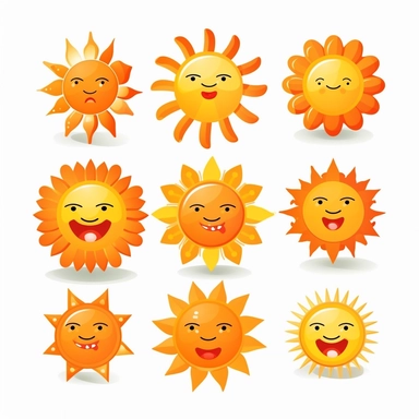 beautiful smiling sun symbols in bright orange and gold, white background, vector-style, clipart collection