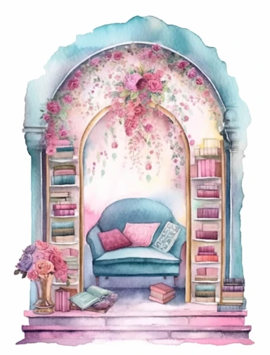 watercolor, a fairytale book nook with flowers and books, in the style of light magenta and aquamarine, arabesque, light magenta and gold, goa-insprired motifs, bloomcore, mysterious backdrops, clipart on white background.