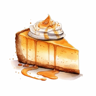 This highly detailed watercolor clipart portrays a delectable pumpkin cheesecake on a pristine white background. The artwork captures the essence of this seasonal dessert with remarkable precision and vibrant colors. The cheesecake is depicted with intricate brushstrokes, showcasing its creamy texture and rich pumpkin flavor. The crust, resembling a blend of graham crackers and spices, is rendered with delicate details. The pumpkin filling, a warm shade of orange, is depicted with depth and dime