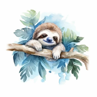 Watercolor sloth in rainforest clipart, for childish cards, illustration style, on white background, detailed, hd