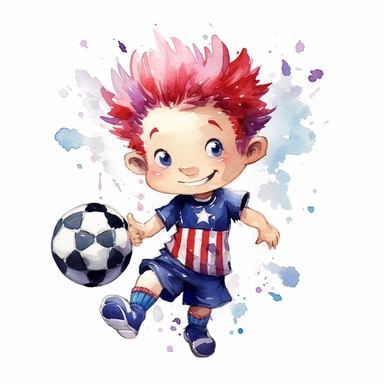 cute Watercolor cartoon happy team USA soccer player, clipart, white background