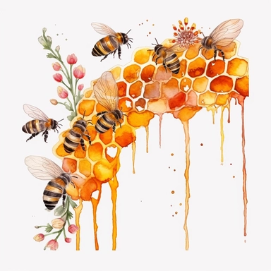 dripping honey border, watercolor, clipart, bees, honeycomb, flowers, white background