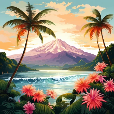 artwork majestic palm tree in digital painting style, beautiful flowers, sunrise mountains and clouds, big sea waves japanese style, water splashes, white background, colorful fantasy flower surround, highly detailed clean, vector image, photorealistic masterpiece, professional photography, realistic, flat white background, isometric, vibrant vector, clipart, illustration, realism, 4k, cinematic, front view, white background
