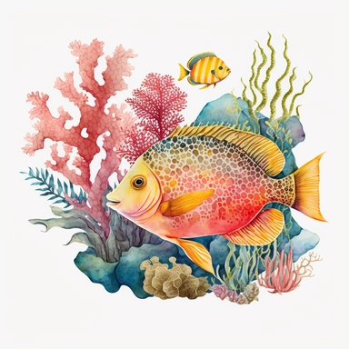vintage colorful watercolor coral reef clipart red lobster and yellow flounder transparent background