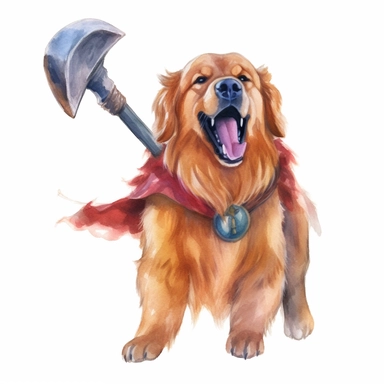 A Golden Retriever as a barbarian, wielding a large axe and shouting battle cries, Watercolor, Clipart, Fantasy, sweet, cute, transparent background PNG