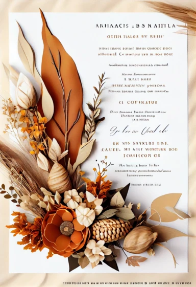 beautiful, intricate, sharp focus, light orange, tan, and brown fall colors, incorporate small thanksgiving pumpkins and corn cob, boho wedding invitation with white fluffy tail flowers,white wintergreen berries, dried grasses, dried leaves, dried flowers, show entire invitation, no border, clipart, on white background, flat lay, extreme detail, wedding invitation,