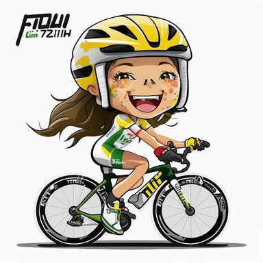 Chibi Triathlete girl riding a triathlon bicycle, wearing bicycle helmet, wearing a triathlon gear, with athletic outfits, full body, smiling, both hands over the aerobars, Sport graphics, action clipart, isolated on white background, watercolor