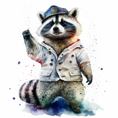 Stylish funny Raccoon in a white sea uniform, white uniform, white full body, colorful waterpaint Clipart, watercolor, high-quality illustration, professional raster graphic, white background, Studio Lighting, ultra-detailed, 8k
