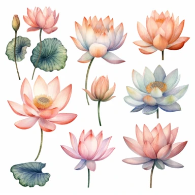 set of watercolor lotus flowers clipart white background