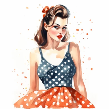 watercolor, hyper realistic, white background, white margins, 16k, ultra detailed clipart, cut out image, hand-drawn, whimsical a pretty lady wear a vintage-inspired polka dot dress with a sweetheart neckline, reminiscent of the classic summer style.