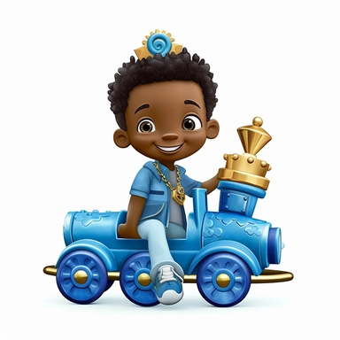 seameless isolated blue crown plush blue toy train, african- american boy happy illustrations clipart crisp white background
