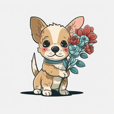 mascot flat color cartoon Cute little dog with flower. Happy Valentine's day clipart. cartoon, vector, illustration. white background