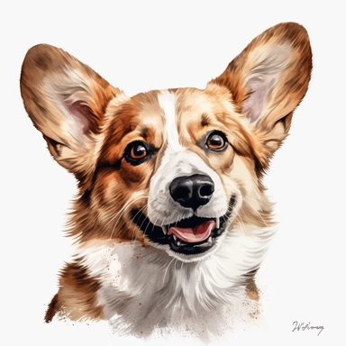 cute Pembroke Welsh Corgi dog portrait, full face, centered shot, side shot, dynamically posed, in action, playful mood, happy mood, playing mood, cute face, adorable smile, childlike eyes, clean watercolor illustration, white background, nursery baby imagery, painting, detailed, 8k, PNG, clipart,