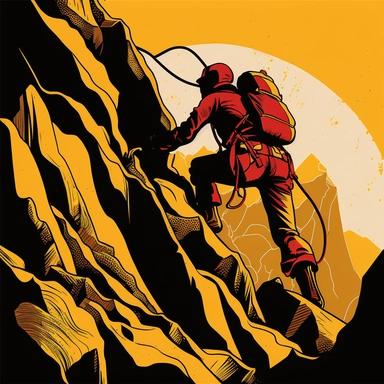 a sportsman climbing a mountain wall, seen from behind, png clipart vector clip art, in the style of woodcut-inspired graphics, dark red and yellow, tang dynasty, close up, bold, graphic lines, gesture painting, 32k uhd, ps1 graphics