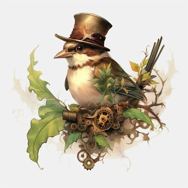 Steampunk style sparrow with watercolor effect,unrealistic fantastic,white background,suitable for digital cliparts,fantastic scene,high quality,leaves,ivy,green plants - @nhnztrk (Waiting to start)