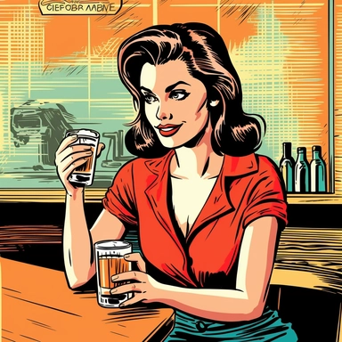 Illustration of the girl in the bar is holding a mug of beer, style of 1950s comic book art, style of mike zeck, linotype, retro, three color lithograph, 8k, flexographic clip art, hand drawn illustration
