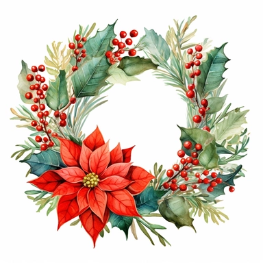 Poinsettia (Euphorbia pulcherrima) wreath with Evergreen foliage, Berries and pine cones. Holly (Ilex spp.), watercolor hand painting by Hayao Miyazaki ultra detail, 8k megapixel a careful touch white background for clipart
