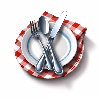 illustration of a fork, a knife, a spoon and a napkin on a plate design, as clipart with white background