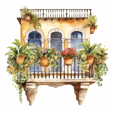 watercolor clipart realistic balcony in italian style with plants and flowers glicine ,single object,png,transparent ,watercolor styles, white background for removing background- - no text shadow font watermark