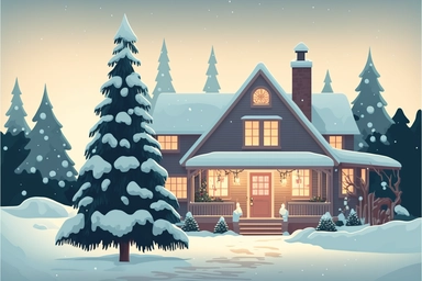 Stunning Vector clip art Christmas scene. frosty winter evening, snow is falling gently outside. The Christmas scene is one of festive cheer, as a cozy house is adorned with twinkling Christmas lights and colorful decorations. A tall Christmas tree with ornaments, gifts, decorations stands proudly in the front yard, its branches glistening with snow. The house itself is a picture of holiday cheer. Its windows are adorned with wreaths and garlands, and a wisp of smoke curls from the chimney. The 