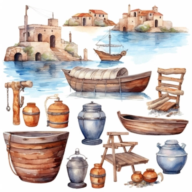 Watercolor roman harbour and ship and amphoras , illustrations clipart set, simple, , cartoon elements, different variants , iron elements, wooden elements, earthenware elements, separate elements with a margin