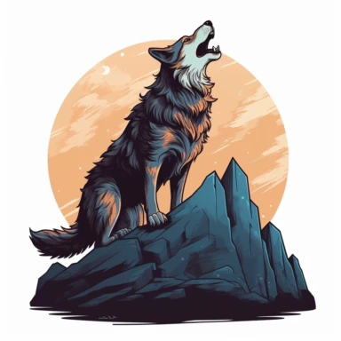 a stylized wolf with three-quarter front legs on a rock, howling at the moon, vector illustration for t-shirt, clipart, white background