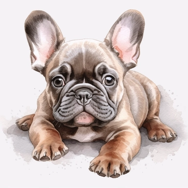 watercolour realistic French bulldog puppy laying down beautifully detailed perfect realistic facial features four perfect legs and paws beautiful perfectly detailed french bulldog puppy laying down beautiful clear detailed graphics, png image,high resolution,300dpi,graphic clipart,computer graphics