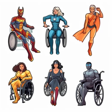 6 clipart elements, series of very hyperdetailed colorful stickers, beautiful superhero women with disabilities using aids, marvel style, superheros, each sticker with a clear white outline between each element, light grey background, realistic
