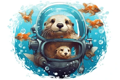 Create a whimsical anime-style vector clipart of otters donning scuba gear and exploring the depths of the ocean, encountering marvelous underwater creatures. Viewed from a magical perspective, HD, spaced out, on white background