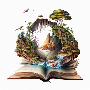 an opened book clipart with its pages depicting a mythical realm of floating islands, each with its own unique ecosystem and fantastical inhabitants, fantasy, mystical, magical, rebeca saray style, vintage watercolor, 8k, full hd, Open Book Clip Art, ultra detail, white background